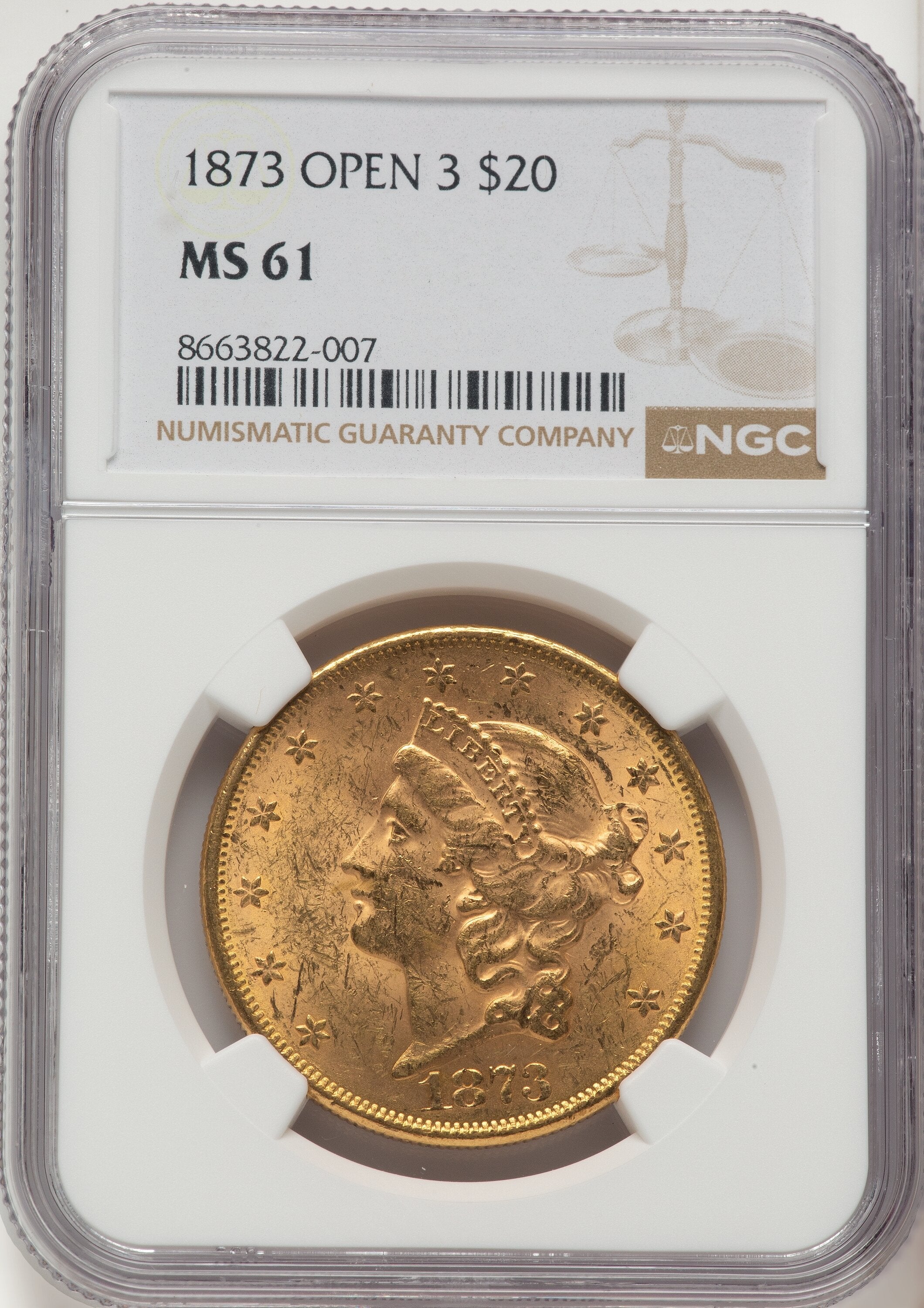 1873 $20 OPEN 3 Liberty Double Eagle NGC MS61