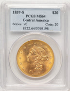1857-S $20 Liberty Double Eagle PCGS MS64