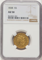 1838 $5 Classic Half Eagle NGC AU50