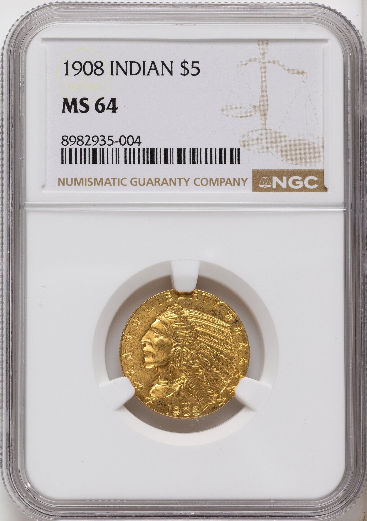 1908 $5 Indian Half Eagle NGC MS64