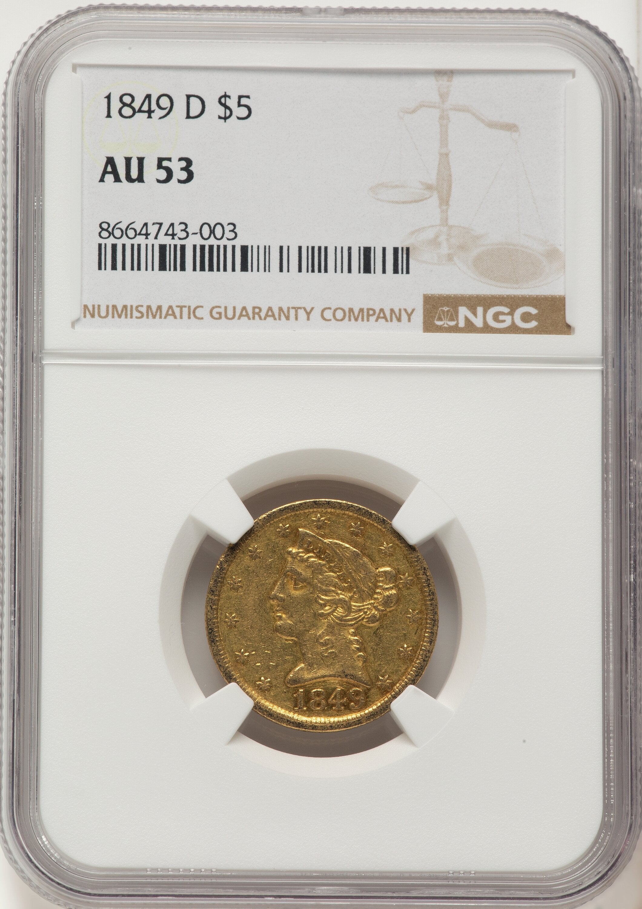 1849-D $5 Liberty Half Eagle NGC AU53