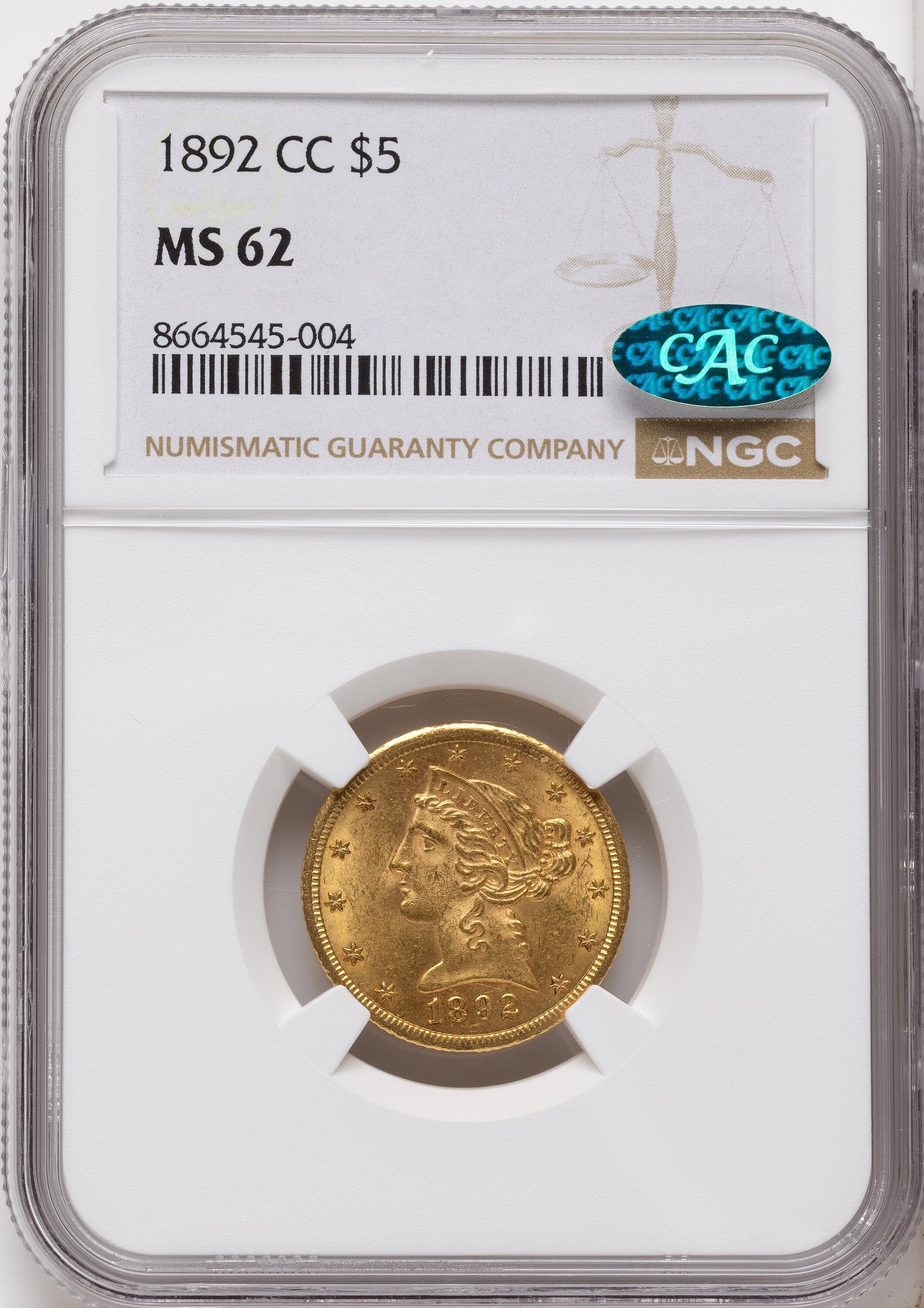 1892-CC $5 CAC Liberty Half Eagle NGC MS62