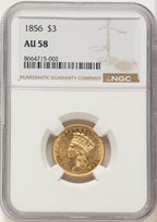 1856 $3 Three Dollar Gold Pieces NGC AU58