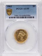 1863 $3 Three Dollar Gold Pieces PCGS AU55