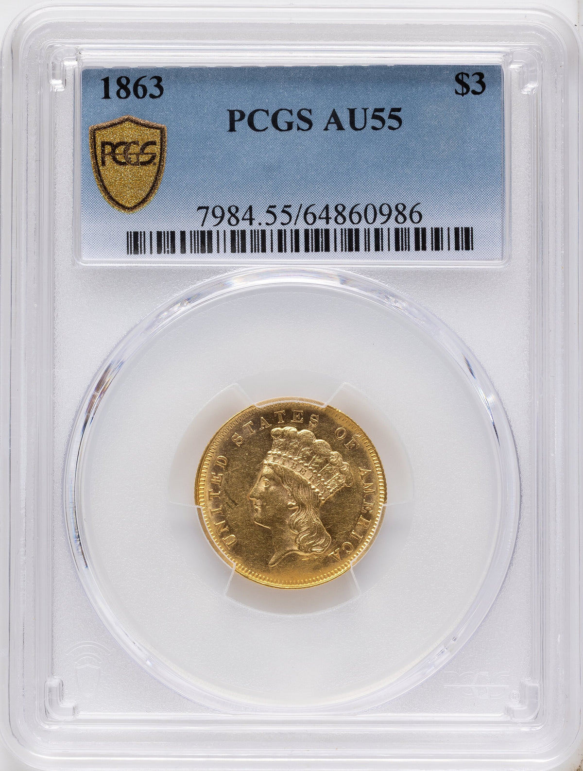 1863 $3 Three Dollar Gold Pieces PCGS AU55