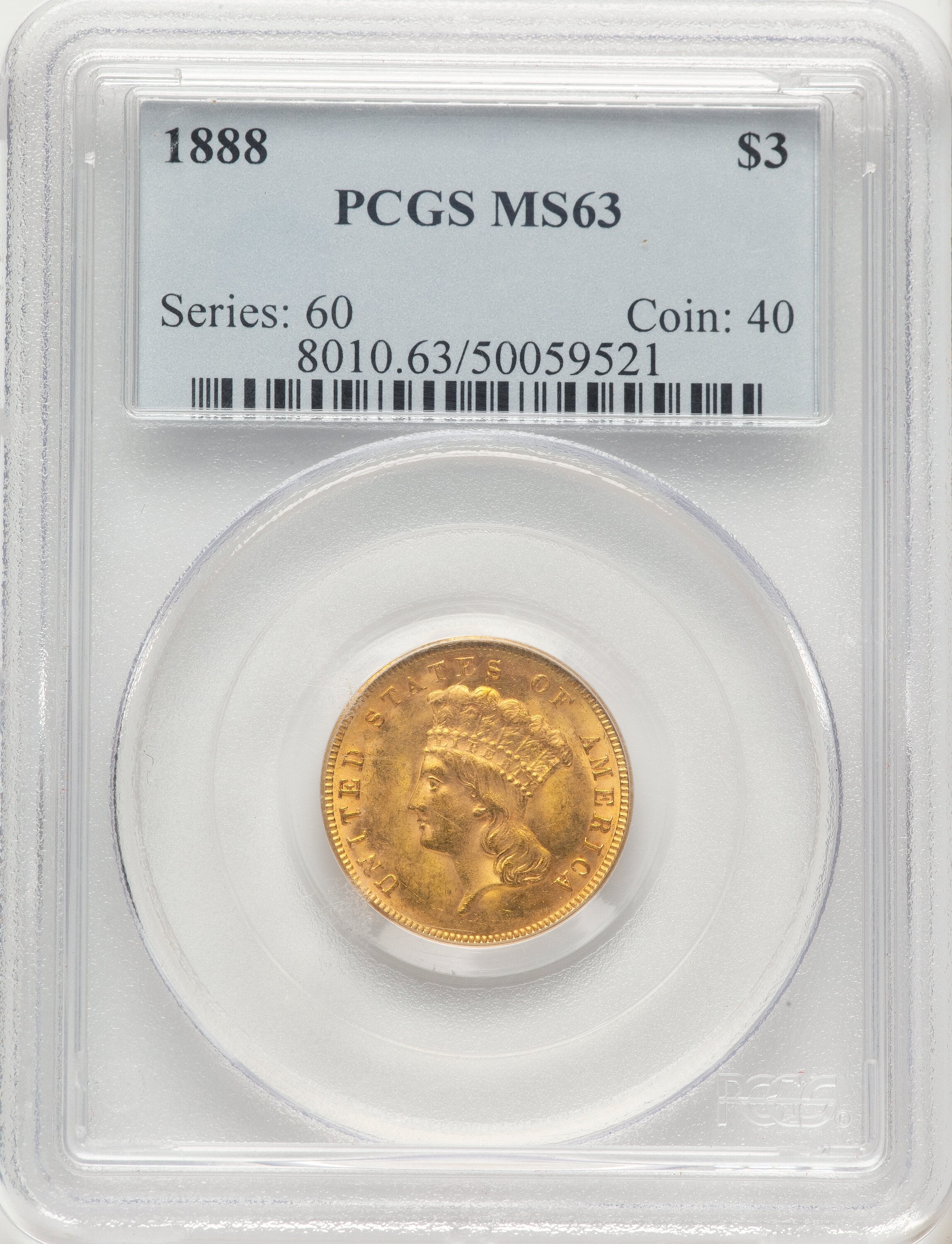 1888 $3 Three Dollar Gold Pieces PCGS MS63