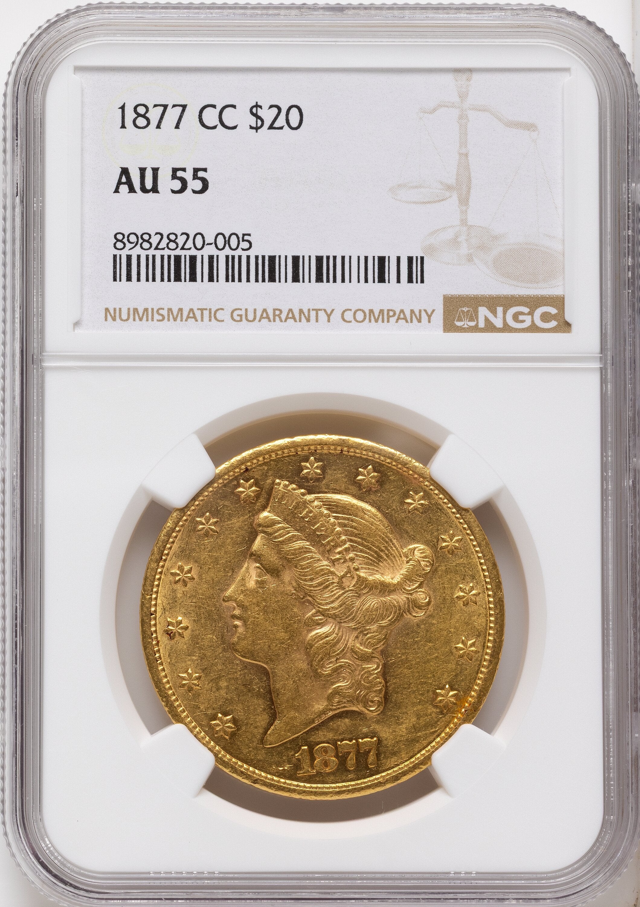 1877-CC $20 Liberty Double Eagle NGC AU55