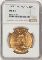 1908-D $20 NO MOTTO Saint-Gaudens Double Eagle NGC MS64