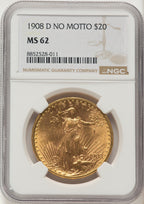 1908-D $20 NO MOTTO Saint-Gaudens Double Eagle NGC MS62