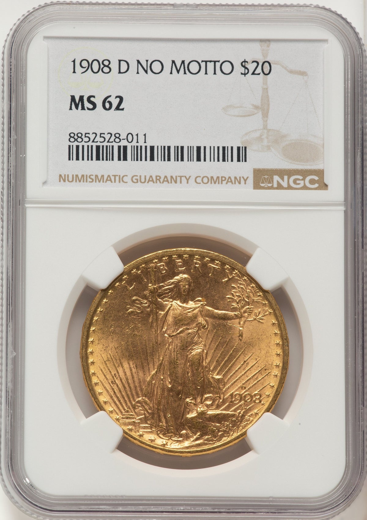 1908-D $20 NO MOTTO Saint-Gaudens Double Eagle NGC MS62