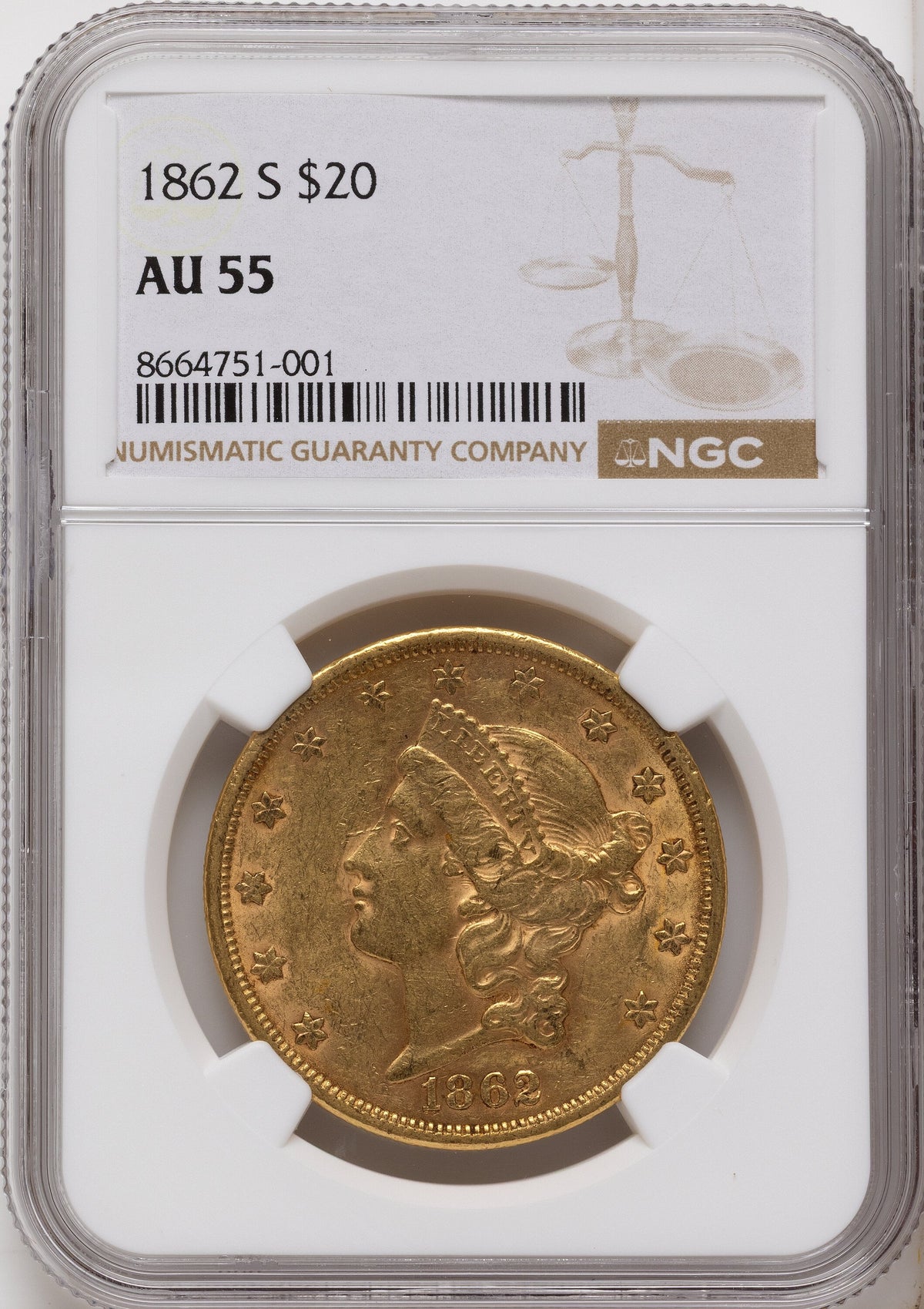 1862-S $20 Liberty Double Eagle NGC AU55
