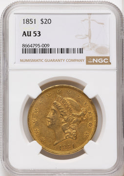 1851 $20 Liberty Double Eagle NGC AU53