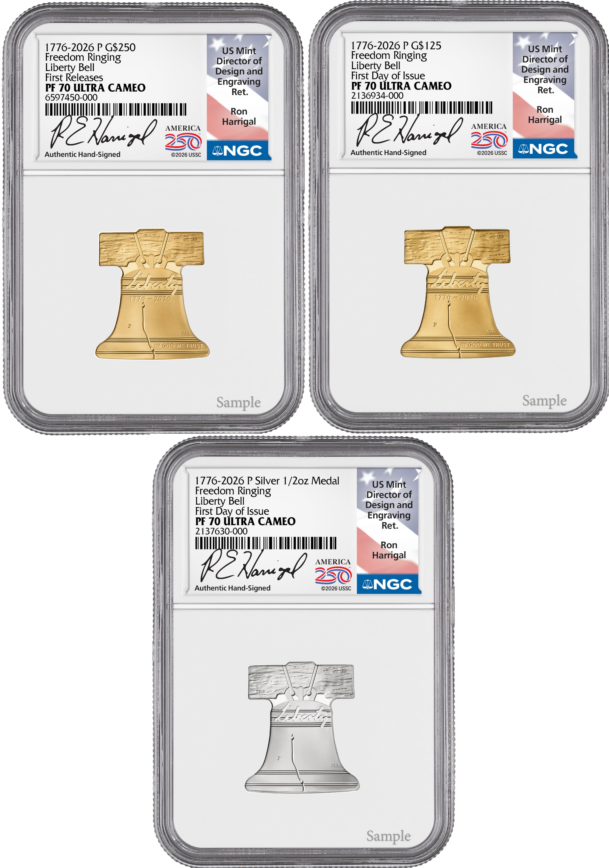2026-P Freedom Ringing Liberty Bell 3-Coin Set FDI PR70 Harrigal 250 Label
