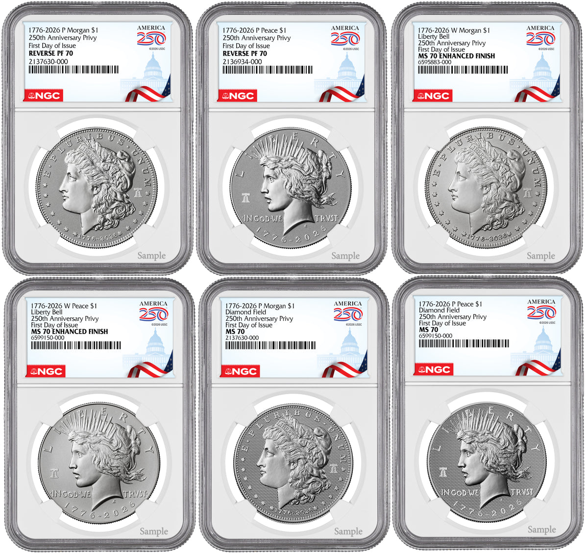 2026 Morgan & Peace Dollar 250th Anniversary 6-Coin Set FDI NGC MS70/PF70 Congress