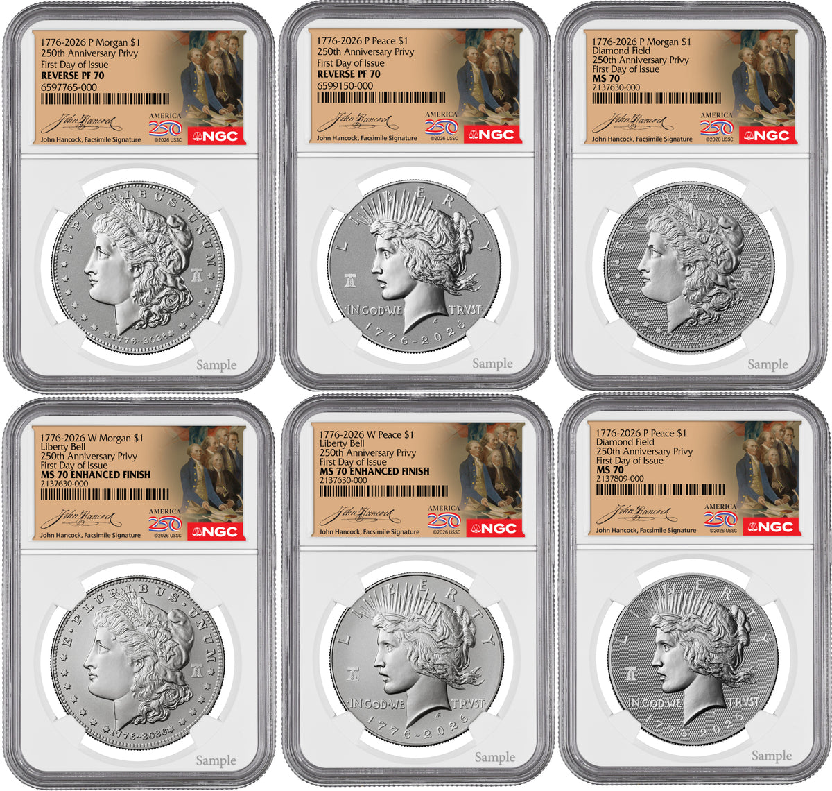 2026 Morgan & Peace Dollar 250th Anniversary 6-Coin Set FDI NGC MS70/PF70 Hancock