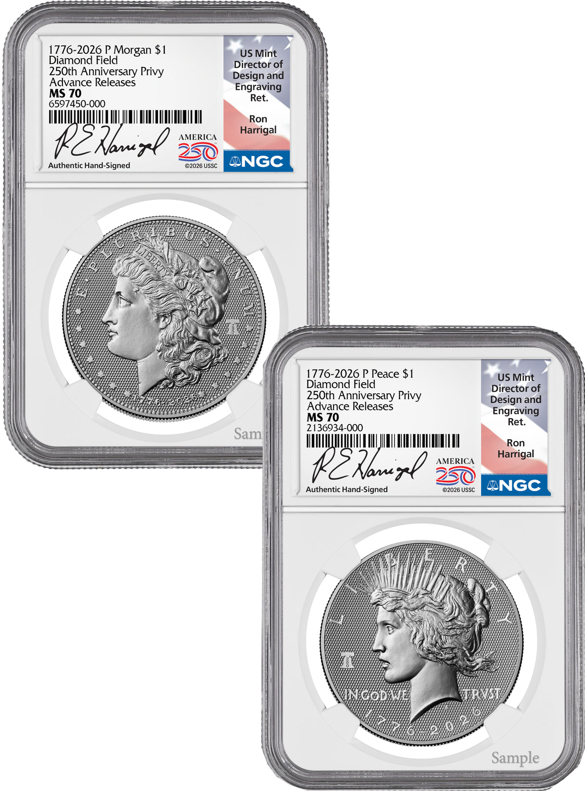 2026-P Morgan & Peace Dollar Diamond Field Two-Coin Set AR NGC MS70 Harrigal