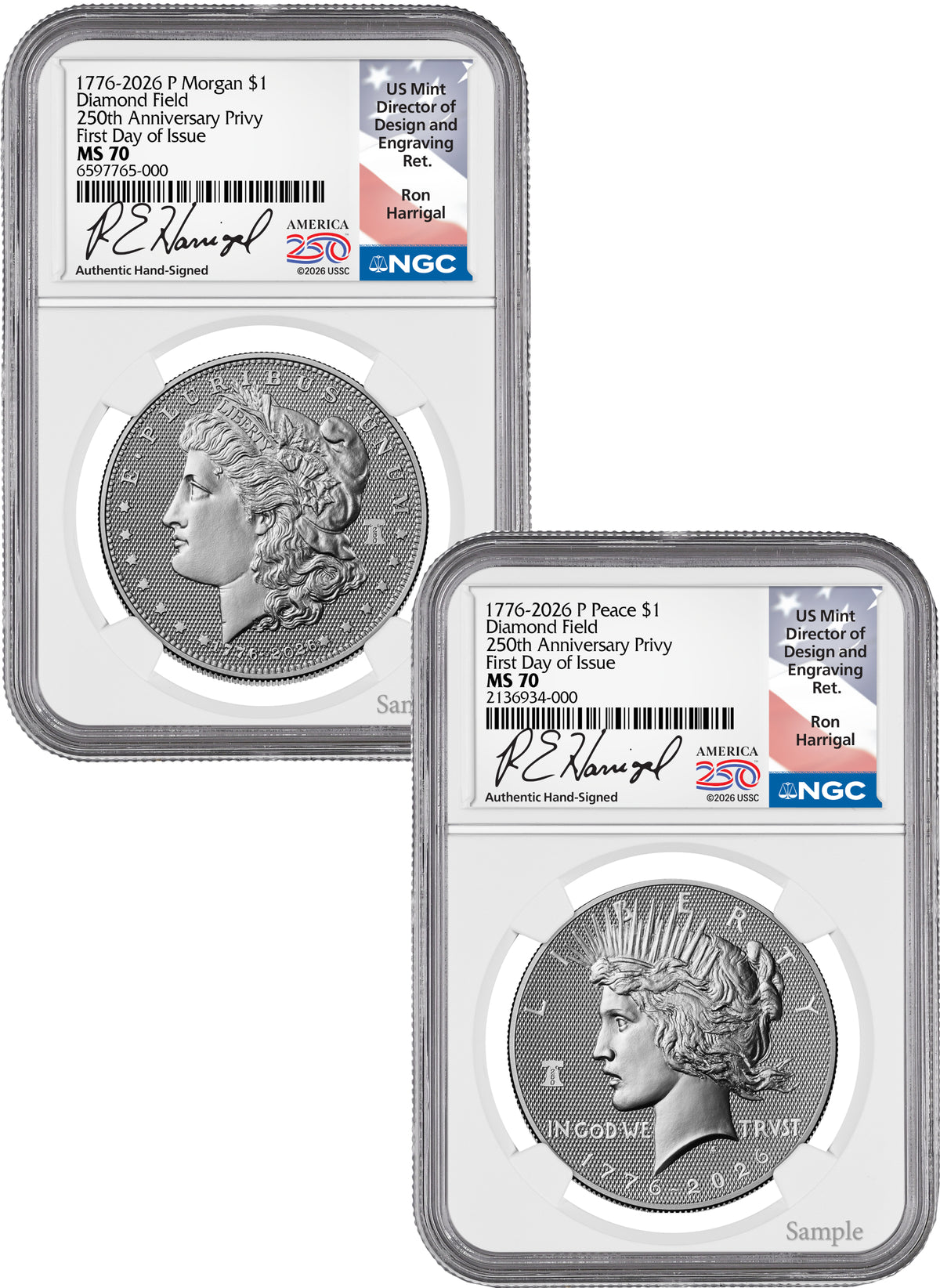 2026-P Morgan & Peace Dollar Diamond Field Two-Coin Set FDI NGC MS70 Harrigal