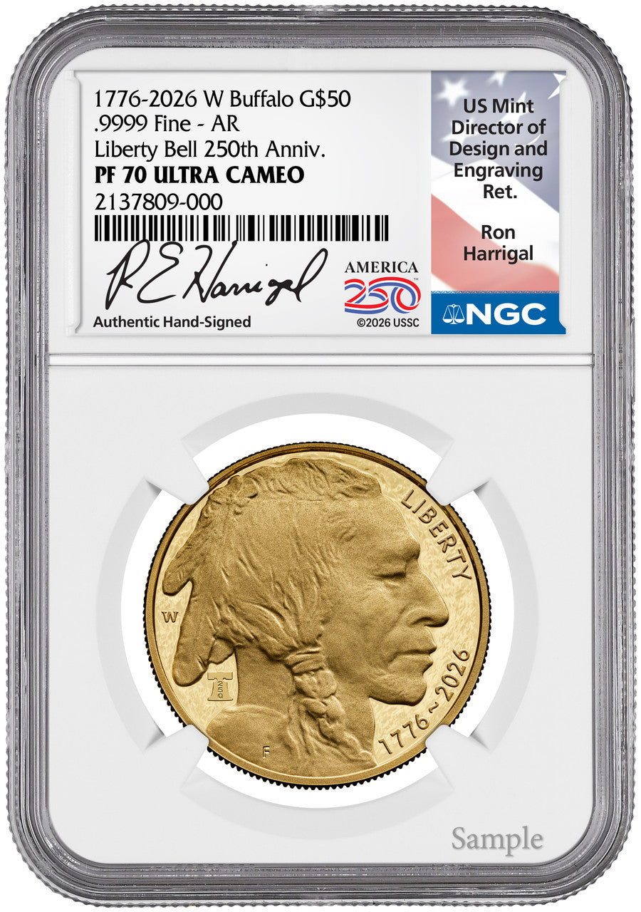 2026-W 1 oz Proof Gold Buffalo AR 250 Liberty Bell NGC PF70 (1776-2026) Harrigal