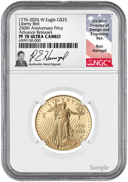 2026-W 1/2 oz Proof Gold Eagle 250 Liberty Bell AR NGC PF70 Harrigal (1776-2026)