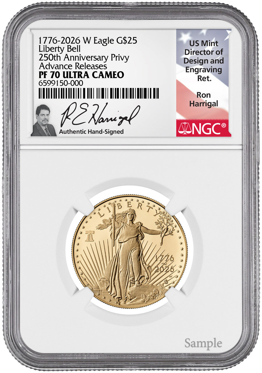 2026-W 1/2 oz Proof Gold Eagle 250 Liberty Bell AR NGC PF70 Harrigal (1776-2026)
