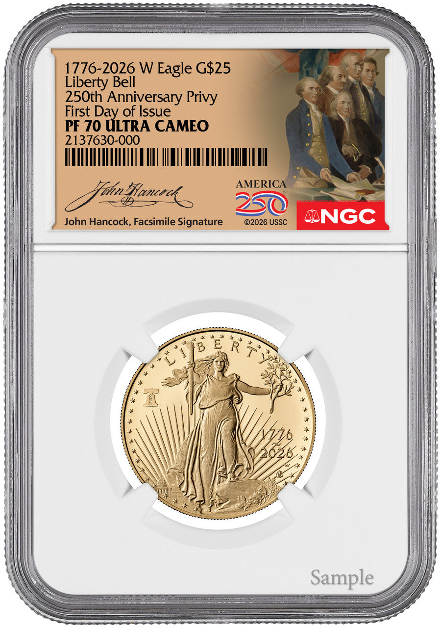 2026-W 1/2 oz Proof Gold Eagle 250 Liberty Bell FDI NGC PF70 (1776-2026) Hancock