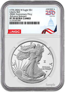 2026 W Silver Eagle Liberty Bell 250 Privy AR NGC PF70 (1776-2026)
