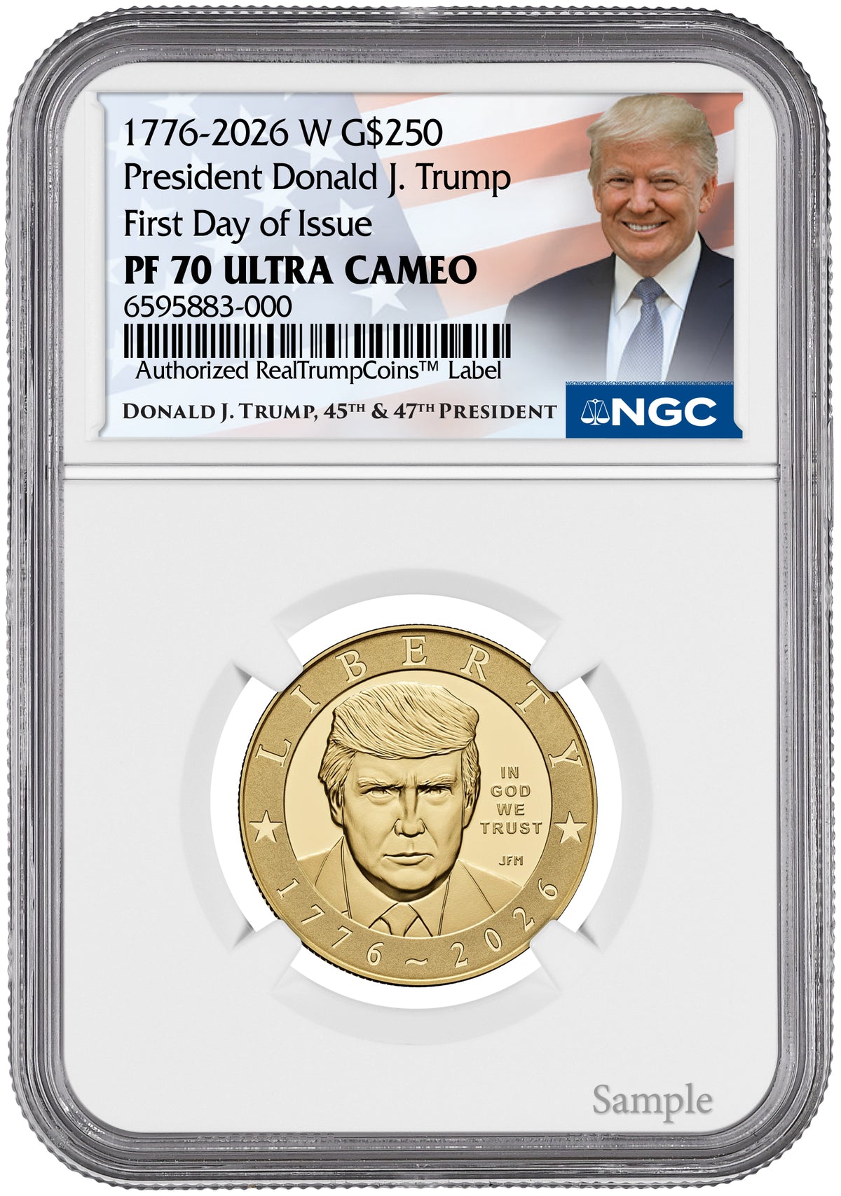 2026-W President Donald Trump 1 oz Proof Gold FDI NGC PF70 Trump Label