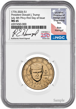 2026 (1776-2026) President Donald J. Trump $1 July 4th Privy FDI NGC MS65 Harrigal
