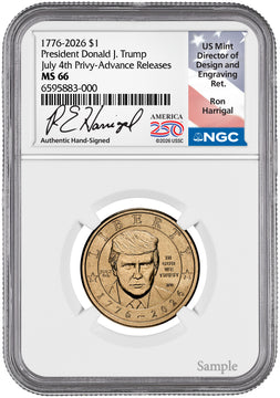 2026 (1776-2026) President Donald J. Trump $1 July 4th Privy AR NGC MS66 Harrigal