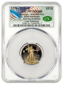 2026-W 1/4 oz Proof Gold Eagle 250 Liberty Bell FDD CAC PR70 (1776-2026)
