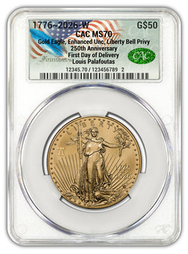 2026-W 1 oz Enhanced Gold Eagle 250 Liberty Bell FDD CAC MS70 (1776-2026) Founders