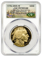 2026-W 1 oz Proof Gold Buffalo FDD Liberty Bell CAC PR70 (1776-2026) Battlefield