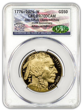 2026-W 1 oz Proof Gold Buffalo AD America 250 Liberty Bell CAC PR70 (1776-2026)
