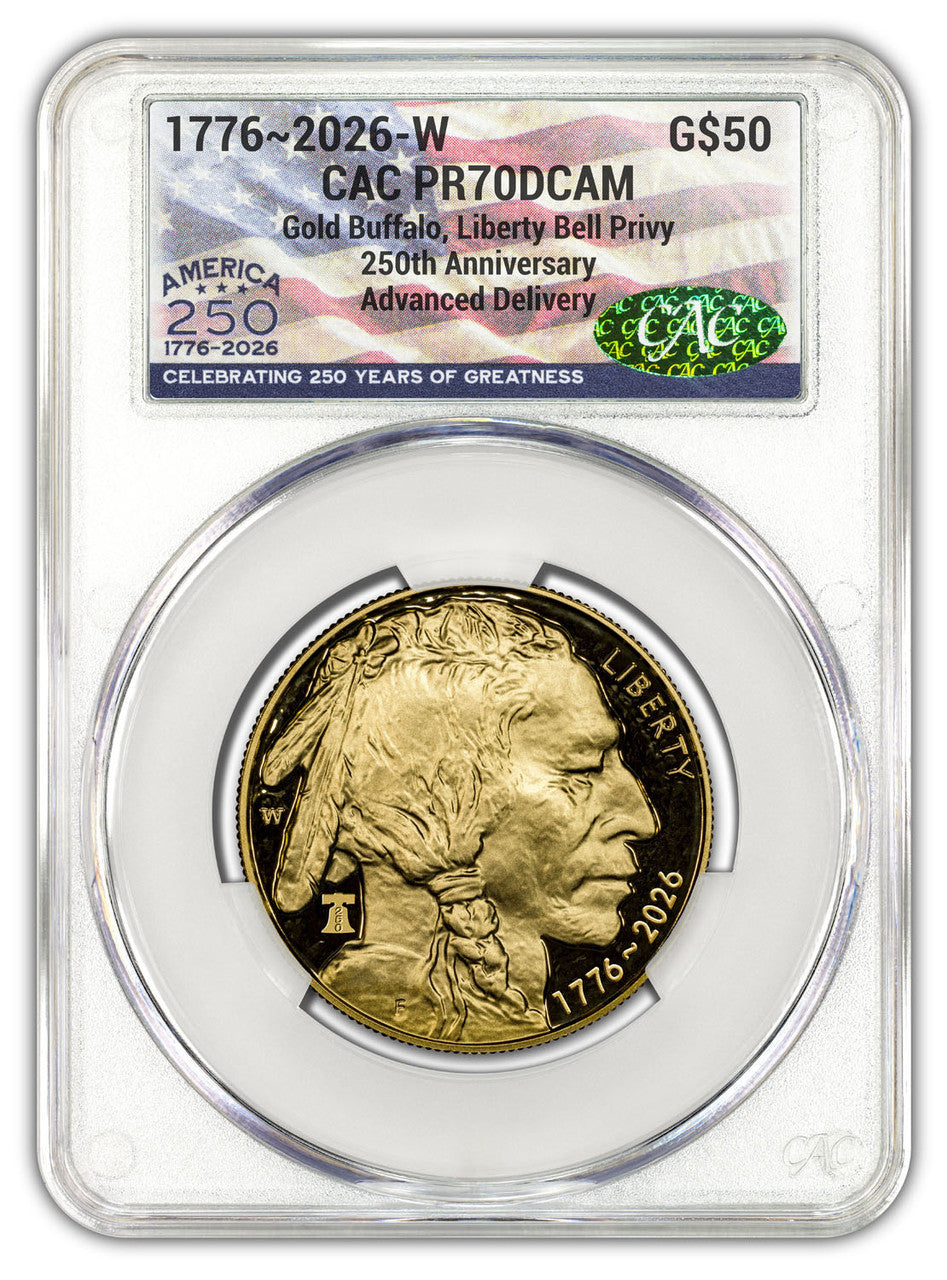2026-W 1 oz Proof Gold Buffalo AD America 250 Liberty Bell CAC PR70 (1776-2026)