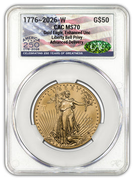 2026-W 1 oz Burnished Gold Eagle 250 Liberty Bell AD CAC MS70 (1776-2026)