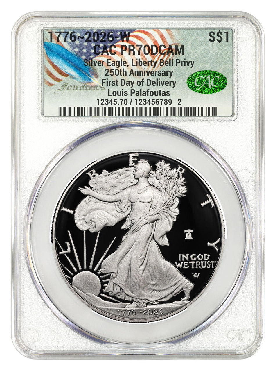 2026 W Silver Eagle Liberty Bell 250 Privy FDD CAC PR70 (1776–2026)