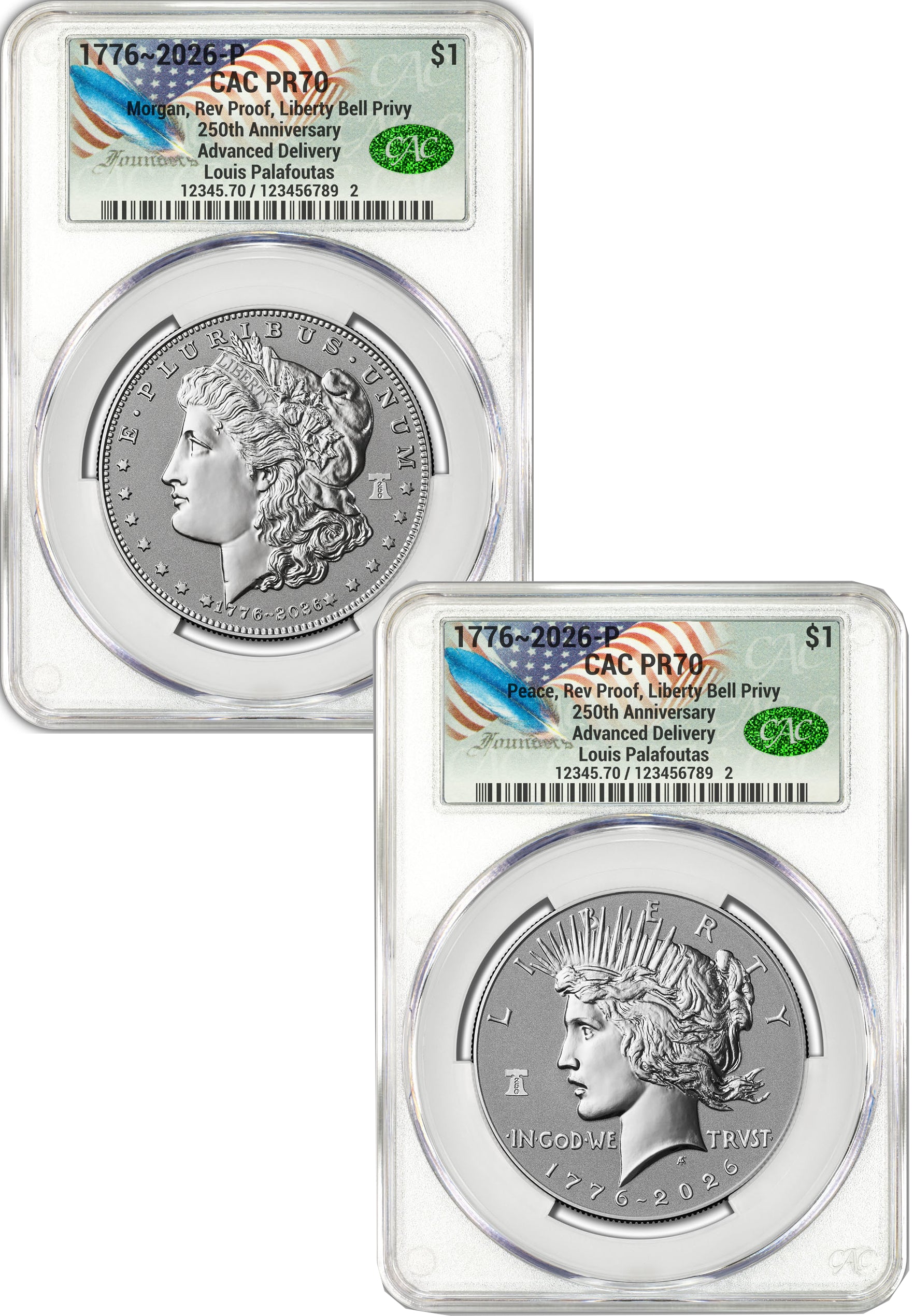 2026-P Morgan and Peace Dollar Reverse Proof 2-Coin Set CAC PR70 Advanced Delivery Founders Label