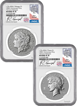 2026-P Morgan and Peace Dollar Reverse Proof Two-Coin Set NGC PF70 Advanced Releases Harrigal America 250 Label