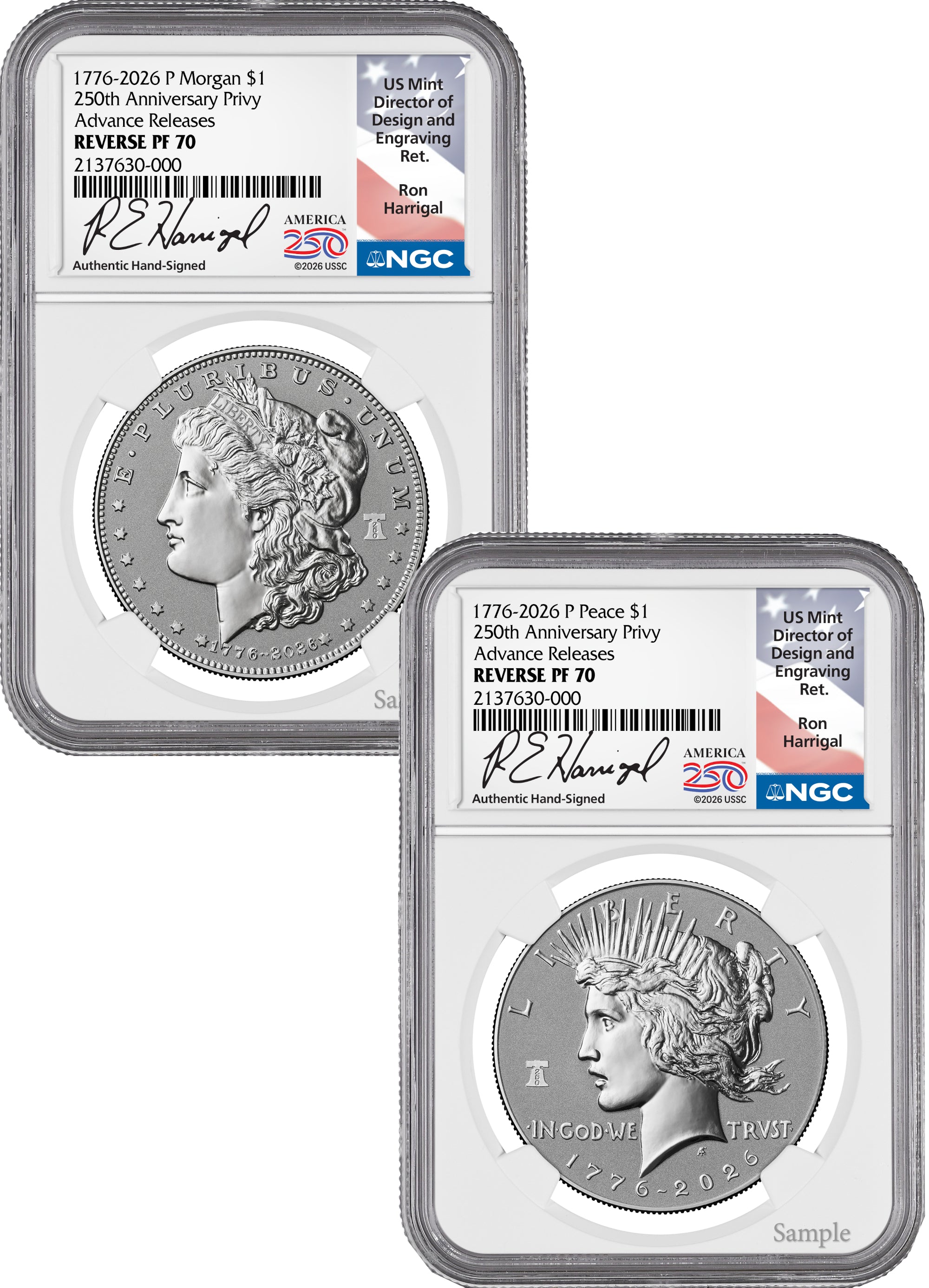 2026-P Morgan and Peace Dollar Reverse Proof Two-Coin Set NGC PF70 Advanced Releases Harrigal America 250 Label