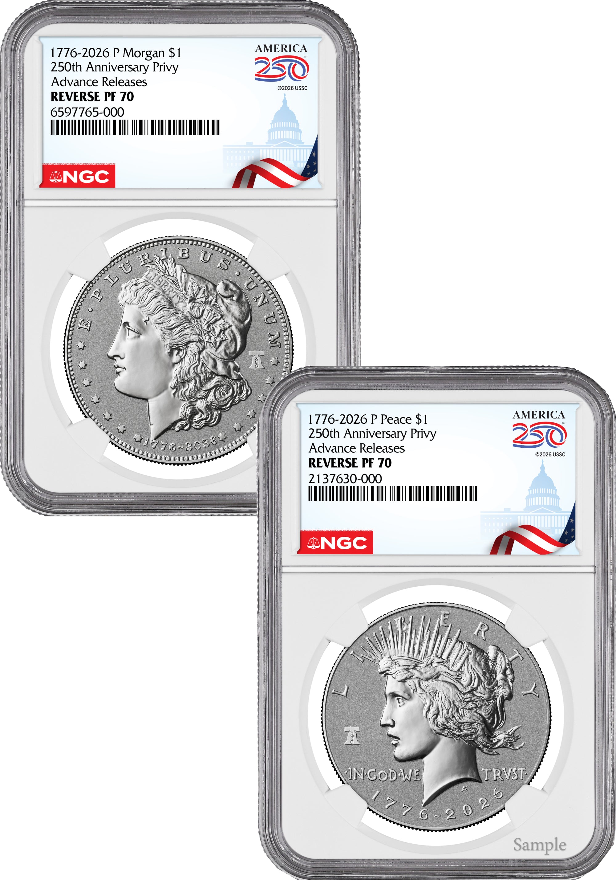 2026-P Morgan and Peace Dollar Reverse Proof Two-Coin Set NGC PF70 Advanced Releases America 250 Label