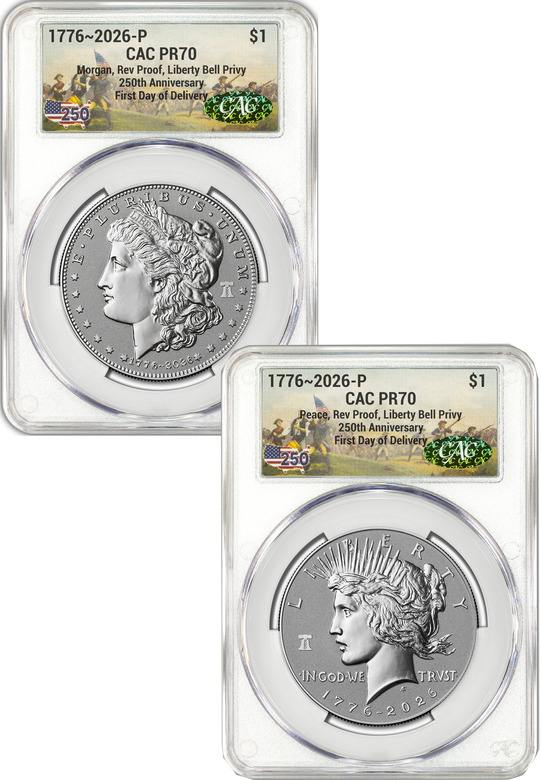 2026-P Morgan and Peace Dollar Reverse Proof 2-Coin Set CAC PR70 FDD Battlefield 250 Label