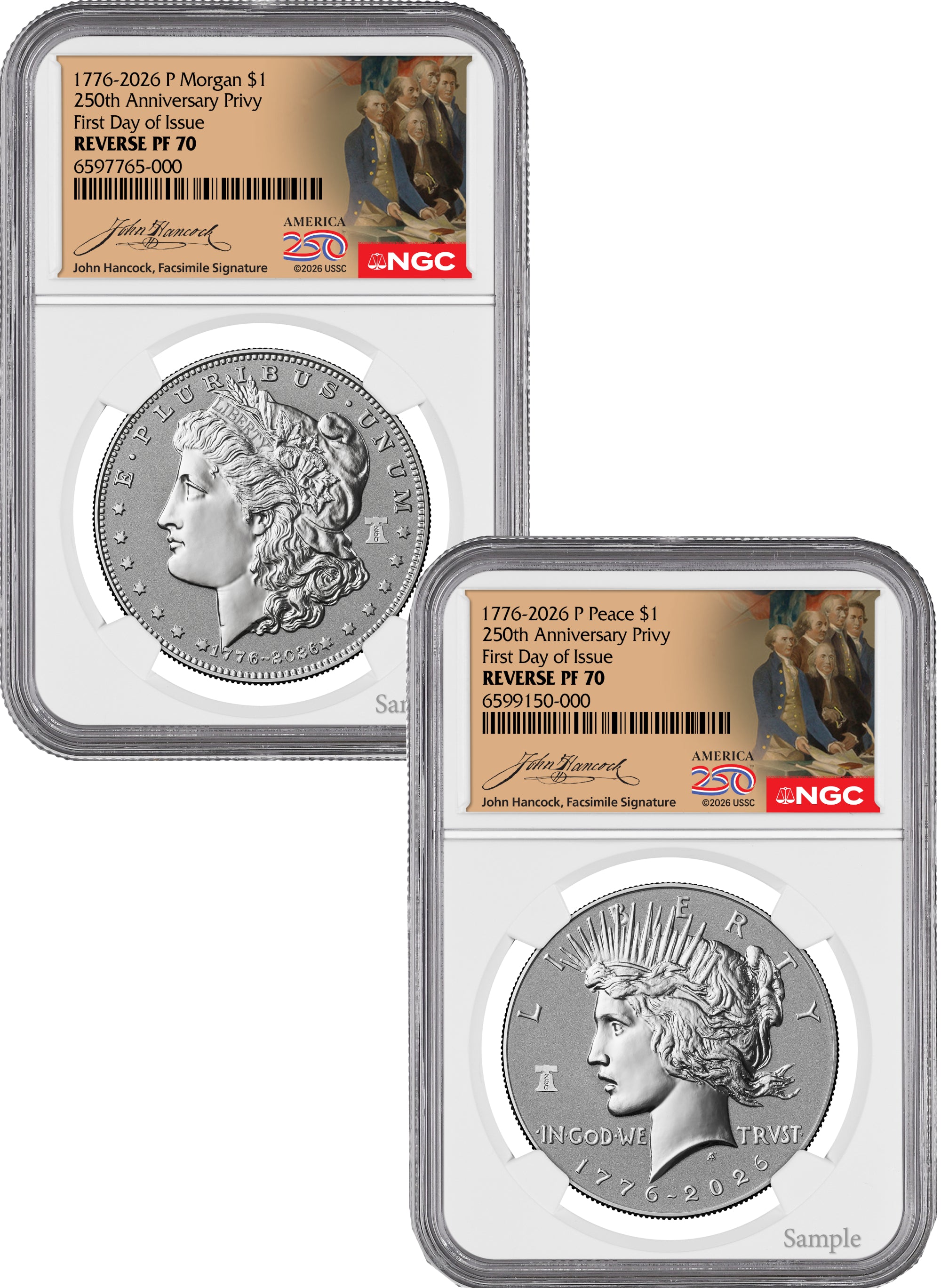 2026-P Morgan and Peace Dollar Reverse Proof Two-Coin Set NGC PF70 First Day of Issue Hancock Label