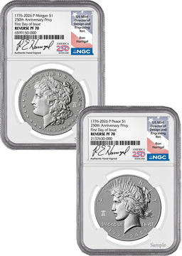 2026-P Morgan and Peace Dollar Reverse Proof Two-Coin Set NGC PF70 First Day of Delivery Harrigal America 250 Label