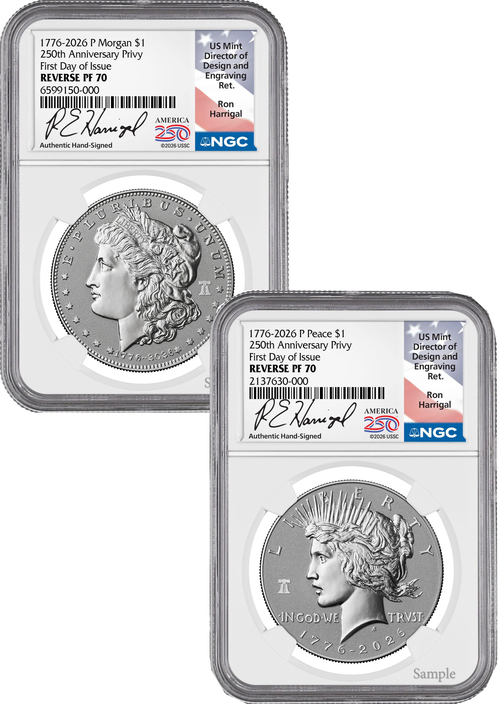 2026-P Morgan and Peace Dollar Reverse Proof Two-Coin Set NGC PF70 First Day of Issue Harrigal America 250 Label