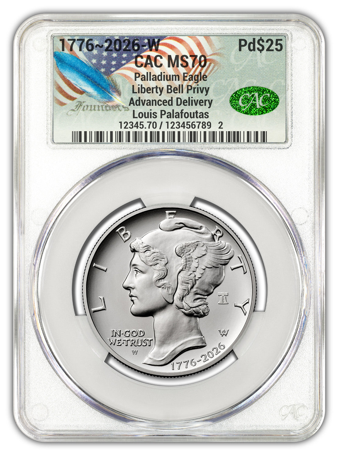2026-W (1776-2026) $25 Dual Date Liberty Bell Privy Palladium Eagle AD CAC MS70 Founders
