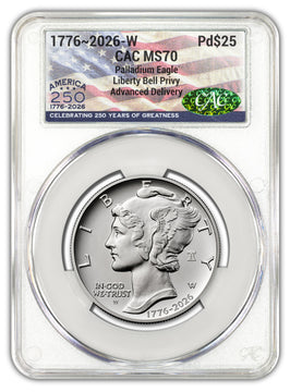 2026-W (1776-2026) $25 Dual Date Liberty Bell Privy Palladium Eagle AD CAC MS70 Flag