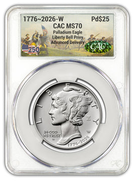 2026-W (1776-2026) $25 Dual Date Liberty Bell Privy Palladium Eagle AD CAC MS70 Battlefield