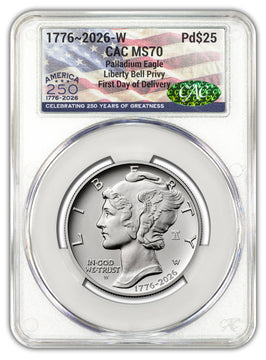2026-W (1776-2026) $25 Dual Date Liberty Bell Privy Palladium Eagle FDD CAC MS70 Flag