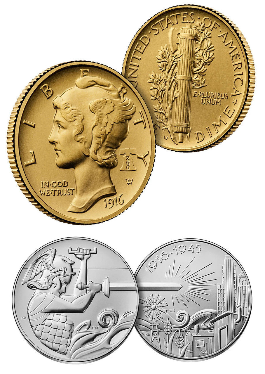 2026-W (P) 1916 Mercury Gold Coin Silver Medal Set FDD 250 Label CAC MS70/SP70 Flag