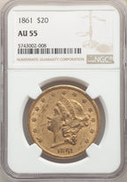 1861 $20 Liberty Gold Double Eagle NGC AU55
